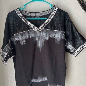 Olyss Black & White V neck Short Sleeve Top With Mesh & Rhinestone Accents Small